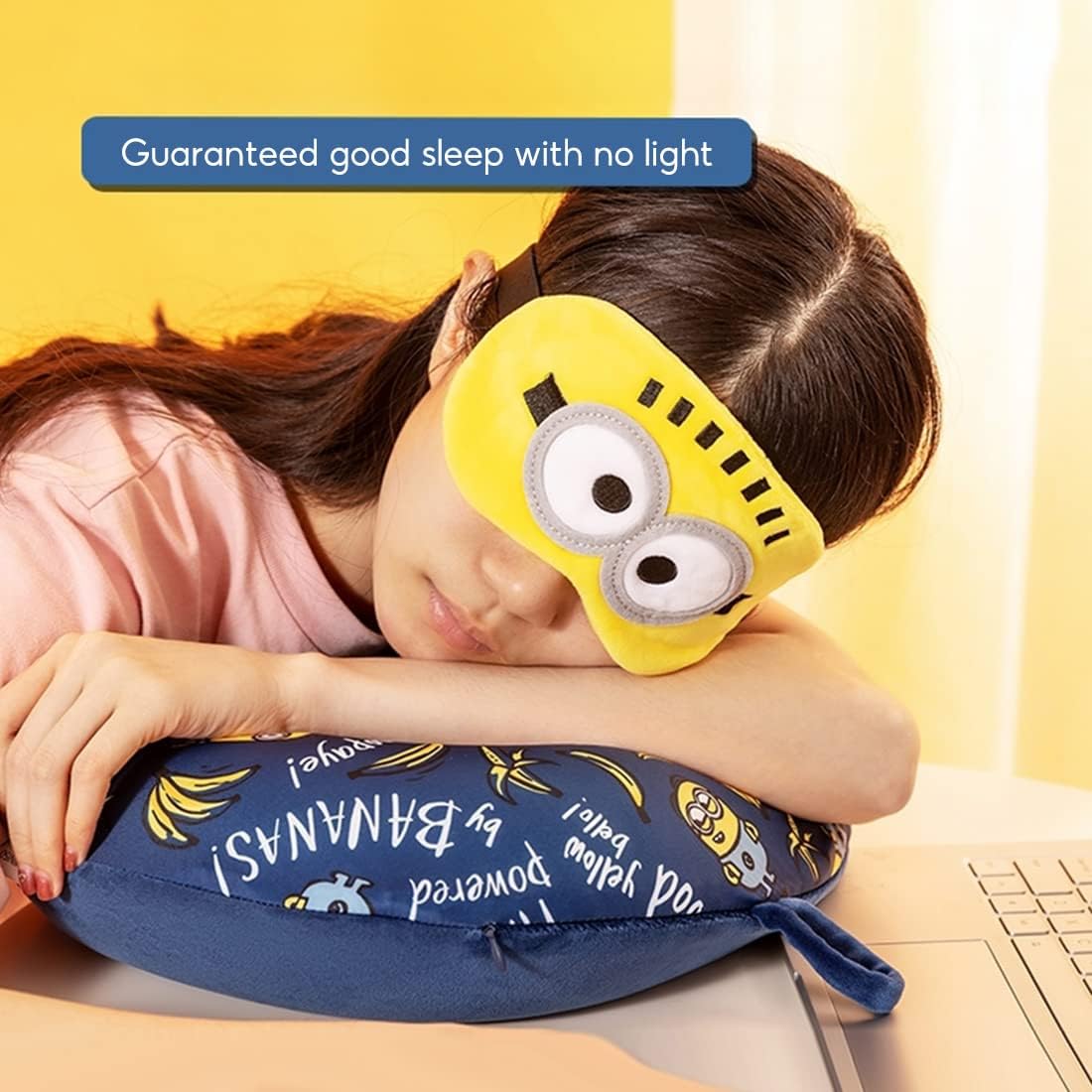 MINISO Minions Travel Neck Pillow with Eye Mask, Cute Cartoon 100% Memory Foam Neck Support Pillow, Lightweight Travelling Pillow Set for Airplane, Car and Home Use