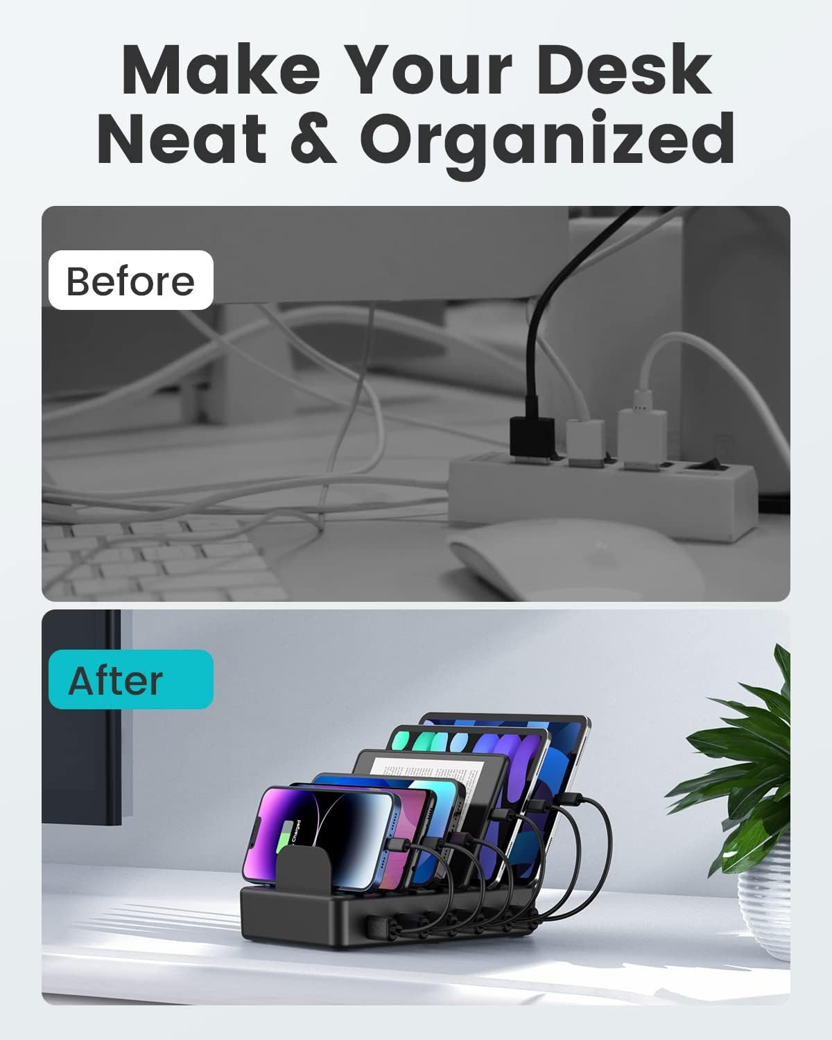 CREATIVE DESIGN 50W 6 Ports Multi Charger Station with 6 Charging Cables, USB Charging Dock for Multiple Devices, Compatible with Cellphone iPad Kindle Tablet and Other Electronic Devices