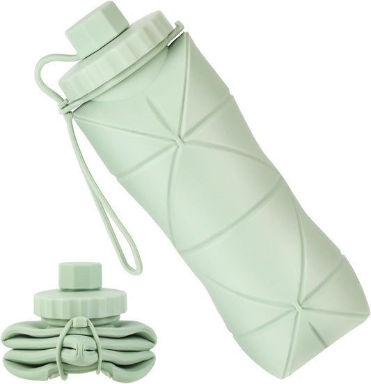 YCT Collapsible Silicone Travel Water Bottle 20oz (600ml), Reuseable Leakproof BPA Free Foldable Sports Bottle, with Carrying Strap, Green