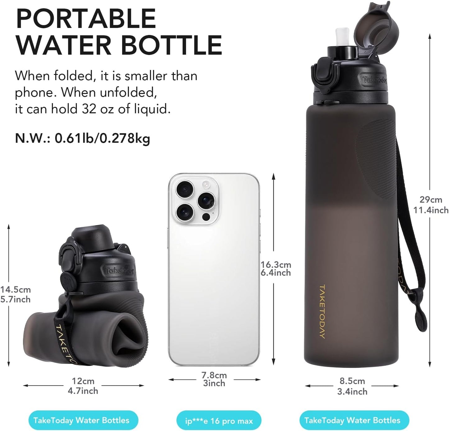 TakeToday Collapsible Water Bottles 32oz, Foldable Travel Water Bottle, BPA Free, Silicone Water Bottle Leakproof for Hiking, International Travel, Outdoors