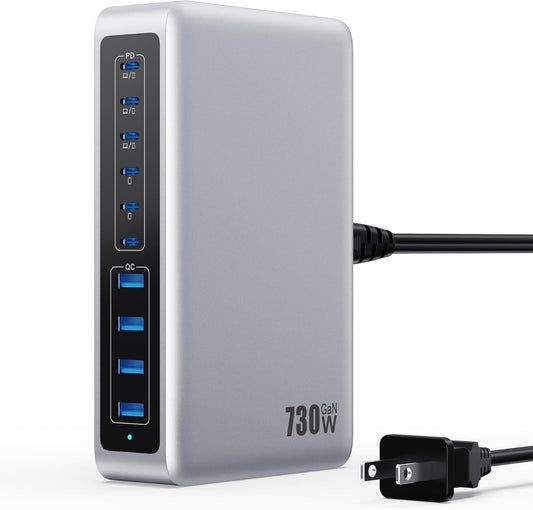 730W USB C Charger Block,10-Ports GaN V Fast Charging Station Hub,QC4.0+3 PD 100W Laptop Charger Wall Power Adapter for MacBook Pro/Air,DELL,iPhone 17/16/15/14,iPad,Galaxy S25,Pixel,Steam Desk-Silver