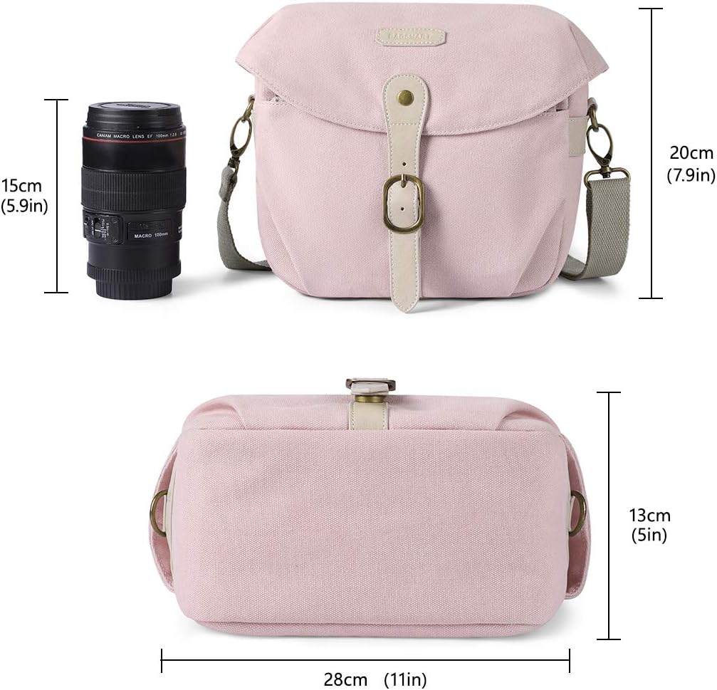 BAGSMART Camera Bag, SLR DSLR Canvas Crossbody Camera Case, Compact Camera Shoulder Bag with Rain Cover for Women and Men, Pink