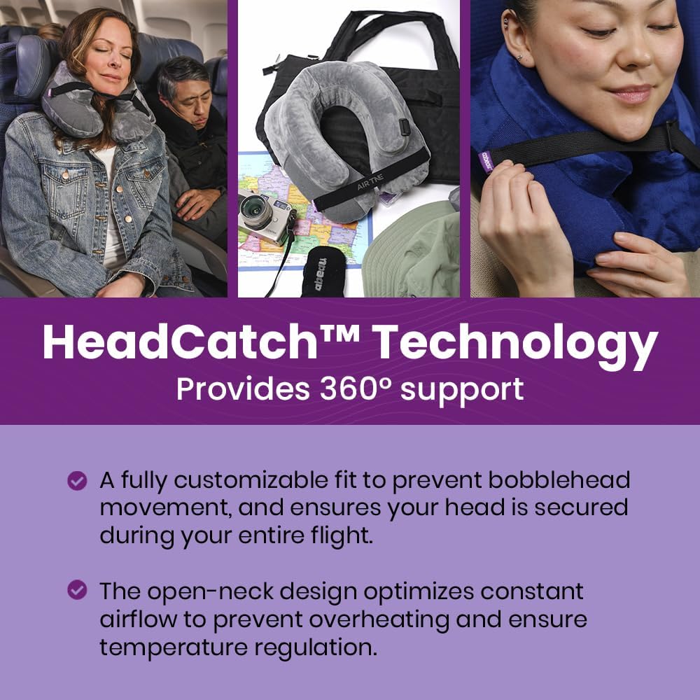 Cabeau Inflatable Travel Pillow – Air TNE – Adjustable, Lightweight, and Supportive for Sleeping on Airplanes, Trains, and Cars– Customized Fit and Compact Carrying Case (Slate Grey)