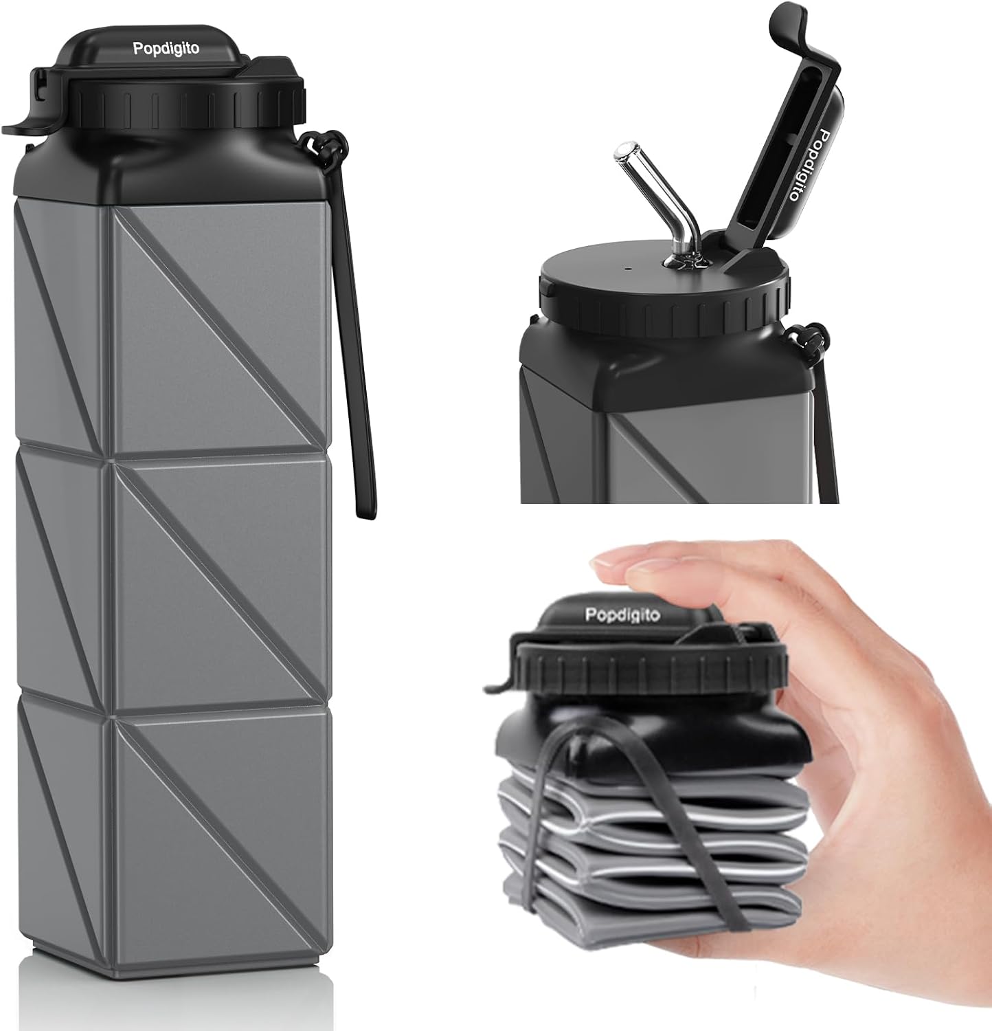 Collapsible Water Bottles 20.6oz Foldable Water Bottle BPA Free Reusable Lightweight LeakProof Travel Silicone Water Bottles for Travel Gym Hiking Camping (Upgrade Dark Grey)