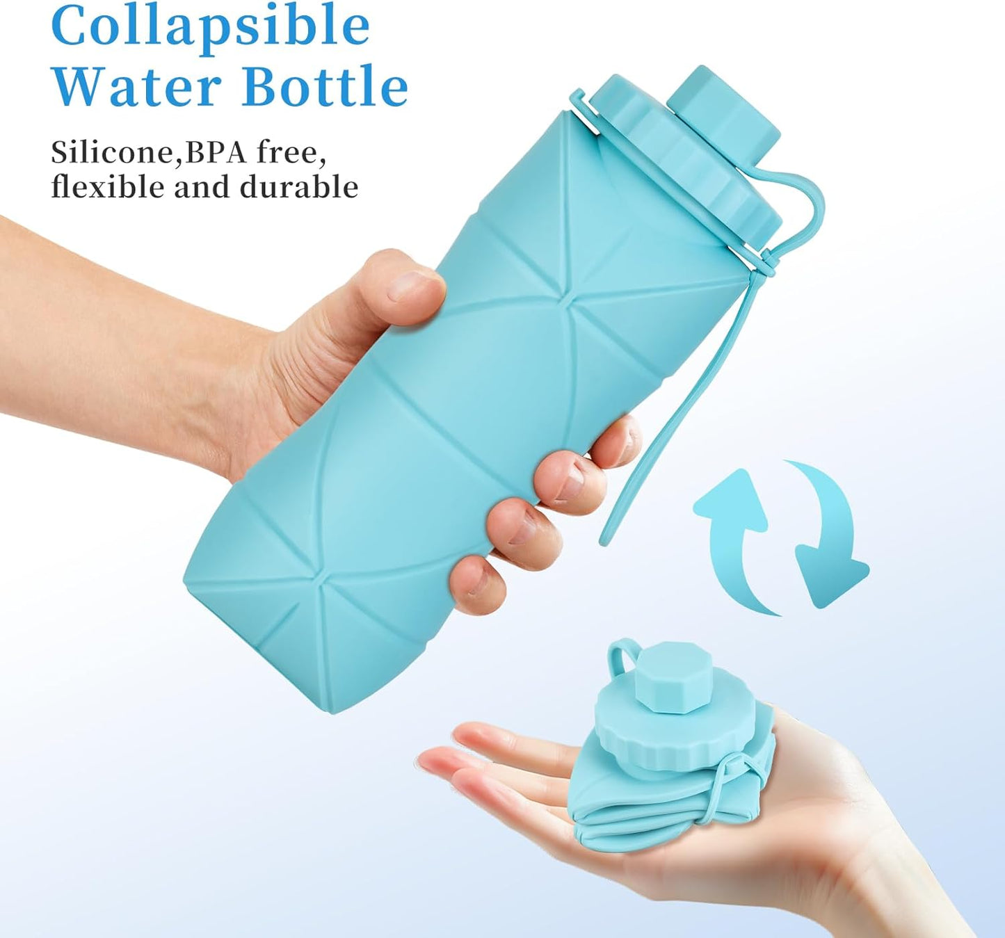YCT Collapsible Silicone Travel Water Bottle 20oz (600ml), Reuseable Leakproof BPA Free Foldable Sports Bottle, with Carrying Strap, Dark Gray + Purple
