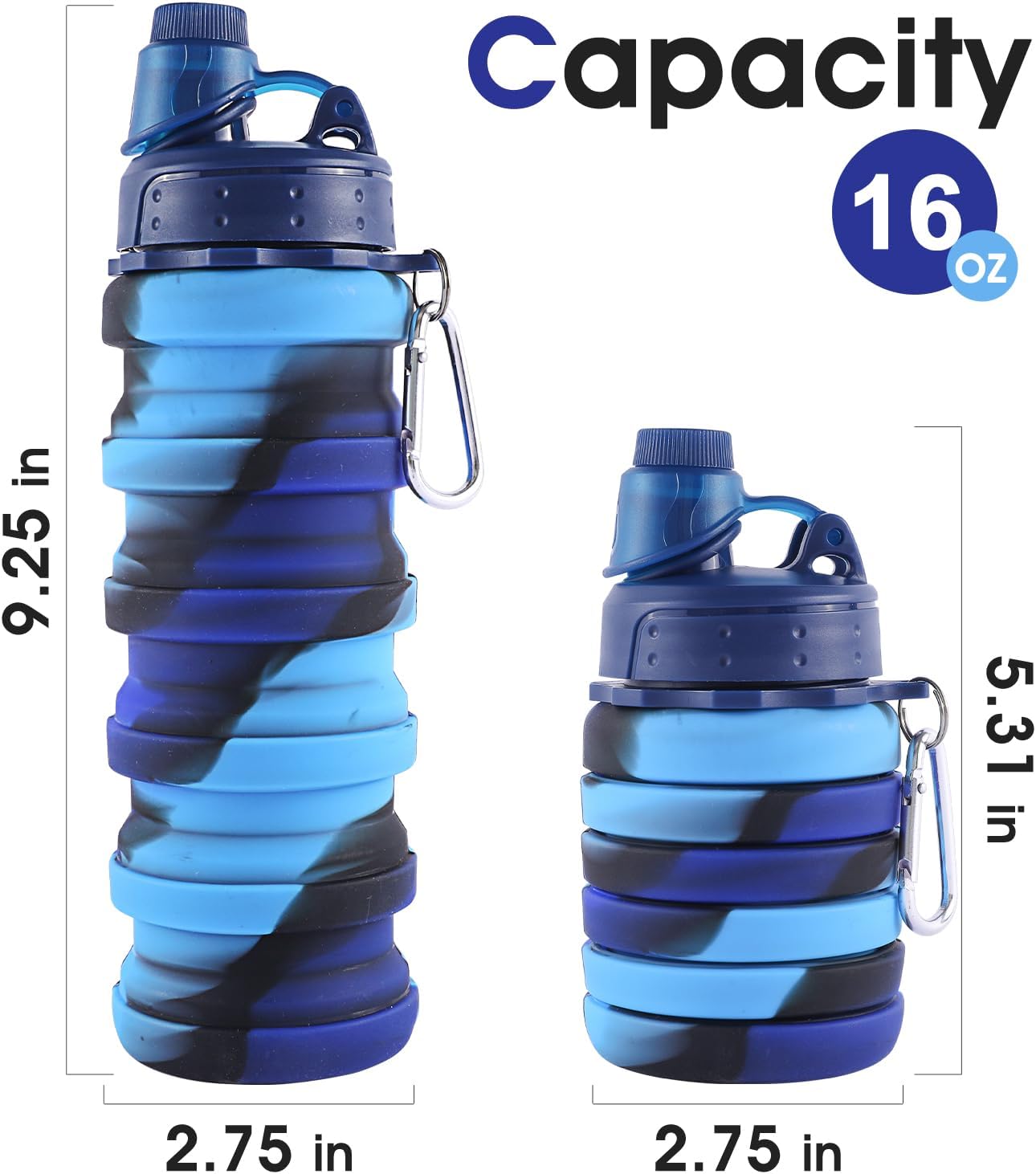 Collapsible Water Bottles for Travel, Foldable Sports Water Bottle for Kids, Reusable Water-proof Silicone Water Bottles with mountaineering Buckle for Camping Hiking Holiday