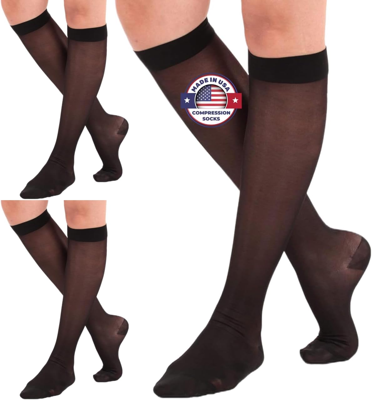 (3 Pairs - Closed Toe) Made in USA - Wide Calf Compression Stockings for Women 15-20mmHg - Womens Compression Knee High Support Socks for Circulation, Embolism, Edema - Black, 3X-Large - A101BL6-3