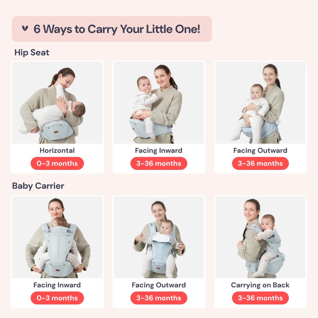 BabbleRoo Grow Carrier – 6-in-1 Baby Carrier with Hip Seat, Ergonomic, Cozy & Adjustable Toddler Carrier 7-50 lbs with Hip & Lumbar Support, Hood for Sun Protection, Newborn to Toddler, Seafoam