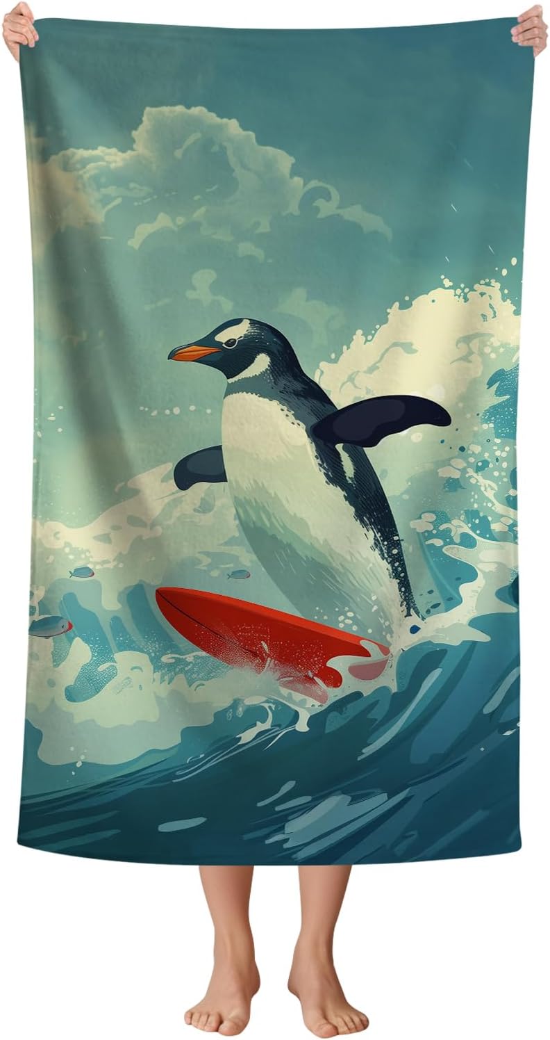 WZOMT Microfiber Penguin Beach Towel Oversized, Cute Penguin Surfing Ocean Animal Blue Bath Towels for Adults Kids, Soft Quick Dry Absorbent Sandproof Travel Swim Pool Towels 32x52 Inch