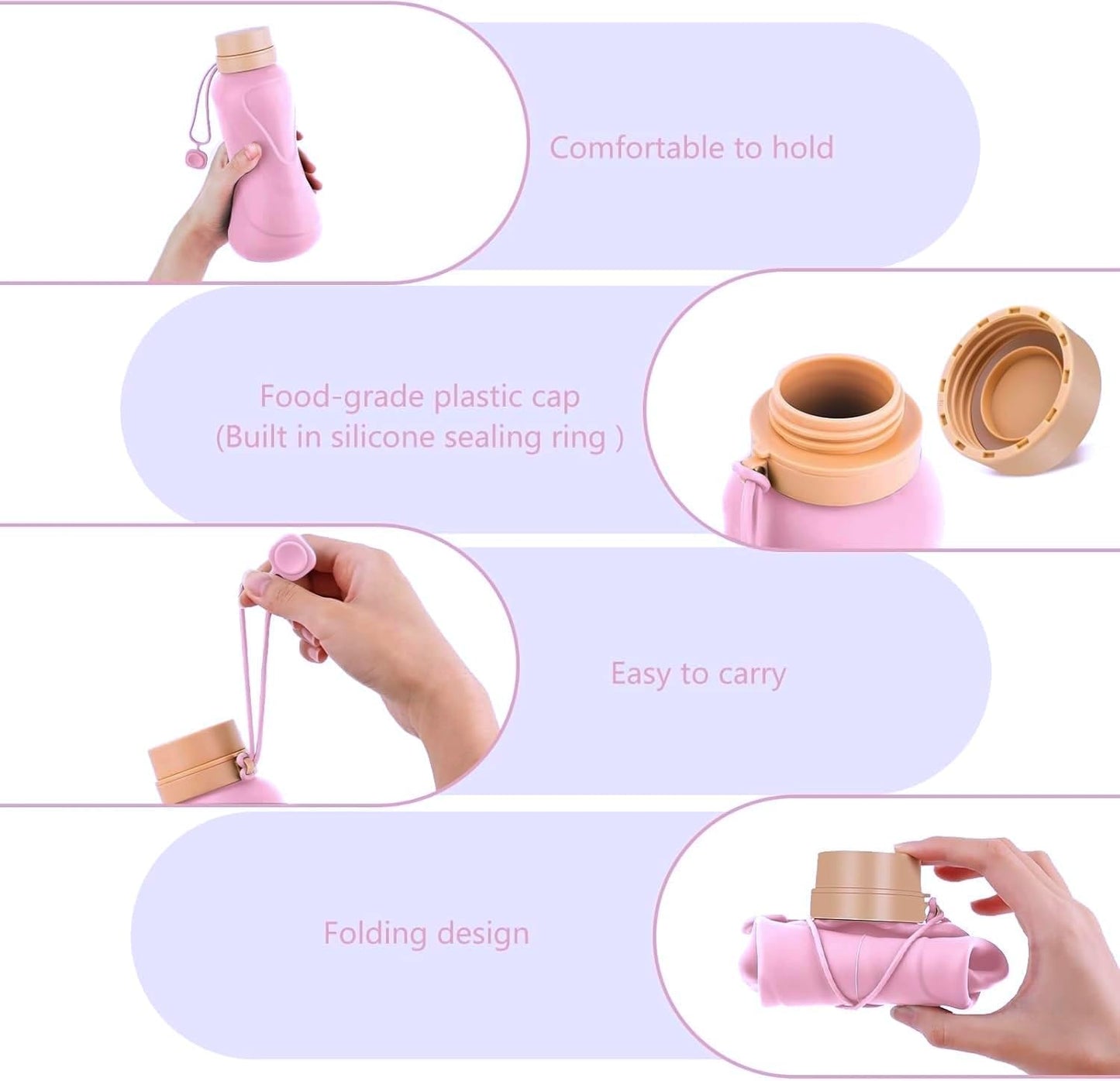 Collapsible Water Bottles,650ml,Leak Proof,Reuseable BPA Free Silicone Foldable Water Bottles,Durable Lightweight for Travel Gym Camping Hiking,Compact Size Portable Sports Water Bottle (Purple)