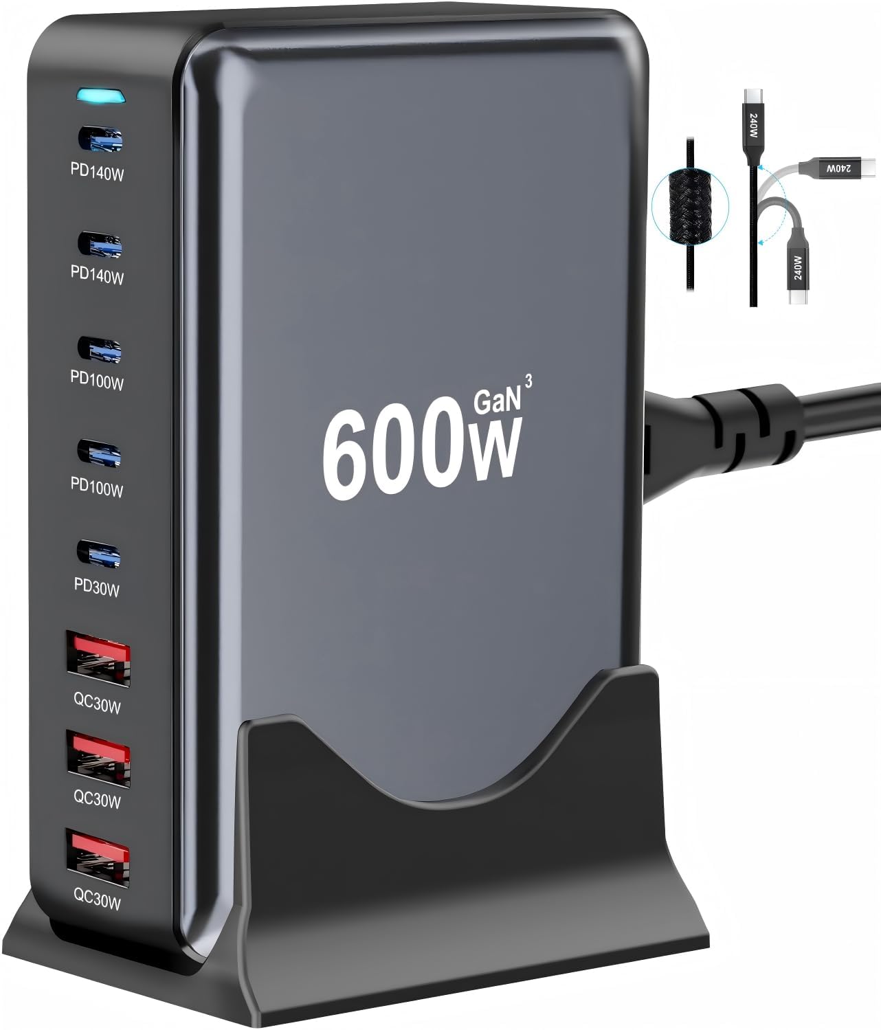 600W Fast USB C GaN Ⅲ Pro Charger Block,8 Port Charging Station,Dual 140W PD3.1 PPS Fast Charging Station for Multiple Devices Laptop Wall Charger Compatible with MacBook/iPhone 16/iPad etc