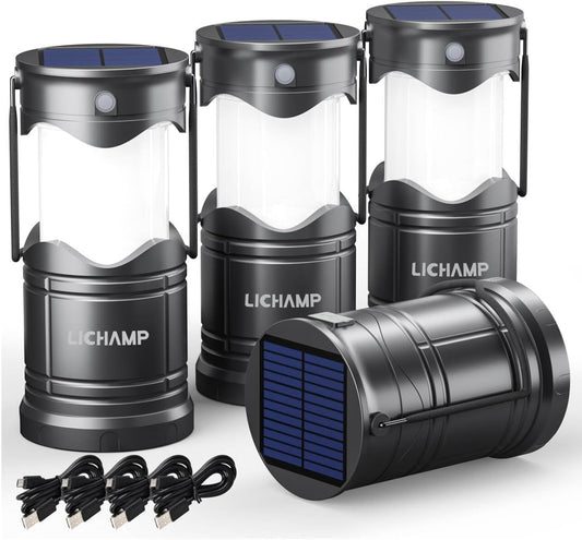 Lichamp 4-Pack Solar Camping Lantern, USB Rechargeable LED Lanterns Battery Powered Pop Up Flashlight Lamps with Three Modes Power for Power Outages Hurricane Supplies Emergency Indoor & Outdoor