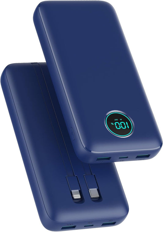 Portable Charger 40,800mAh Power Bank, 25W PD QC 4.0 Fast Charging Portable Phone Charger with Built-in Cables,LCD Display USB C Battery Pack Compatible with iPhone 16/15/14,Android Samsung (Blue)