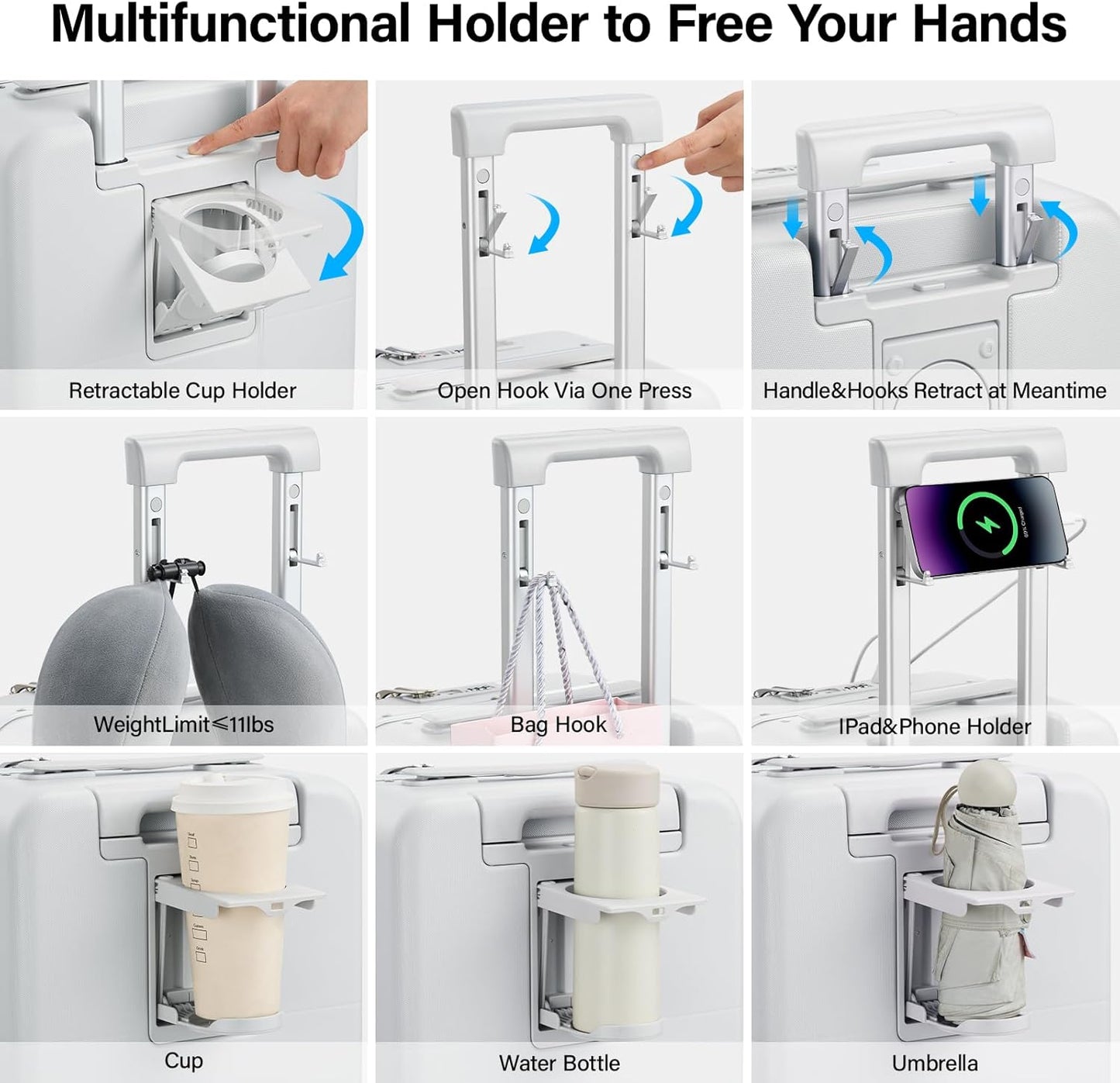 Hanke 20 Inch Carry On Luggage with Cup Holder and Charge,Top Opening Hard Shell Suitcases with Wheels and Dividers,Aluminum Frame Trunk Luggage Small Suitcase with Lock for Travel,Smoke White