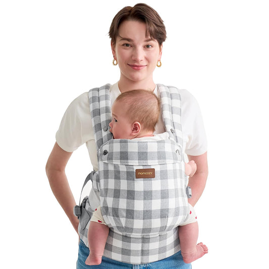 Momcozy Baby Carrier with Natural Cotton Linen, Built to Last, Ergonomic Design, Lightweight and Comfortable, Hands-Free for Moms&Dads, Slate Checkerboard