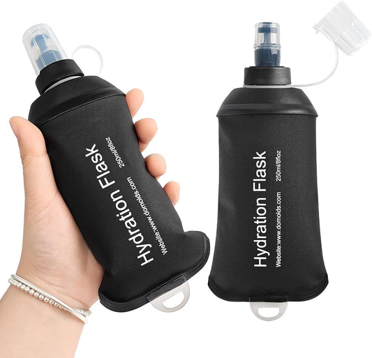 GYGYL Soft Flask, TPU Collapsible Soft Water Bottle for Hydration Pack, Running Vest, Leak-Proof Folding Water Bottle for Hiking Cycling Climbing Jogging-250ml Black, 2pcs