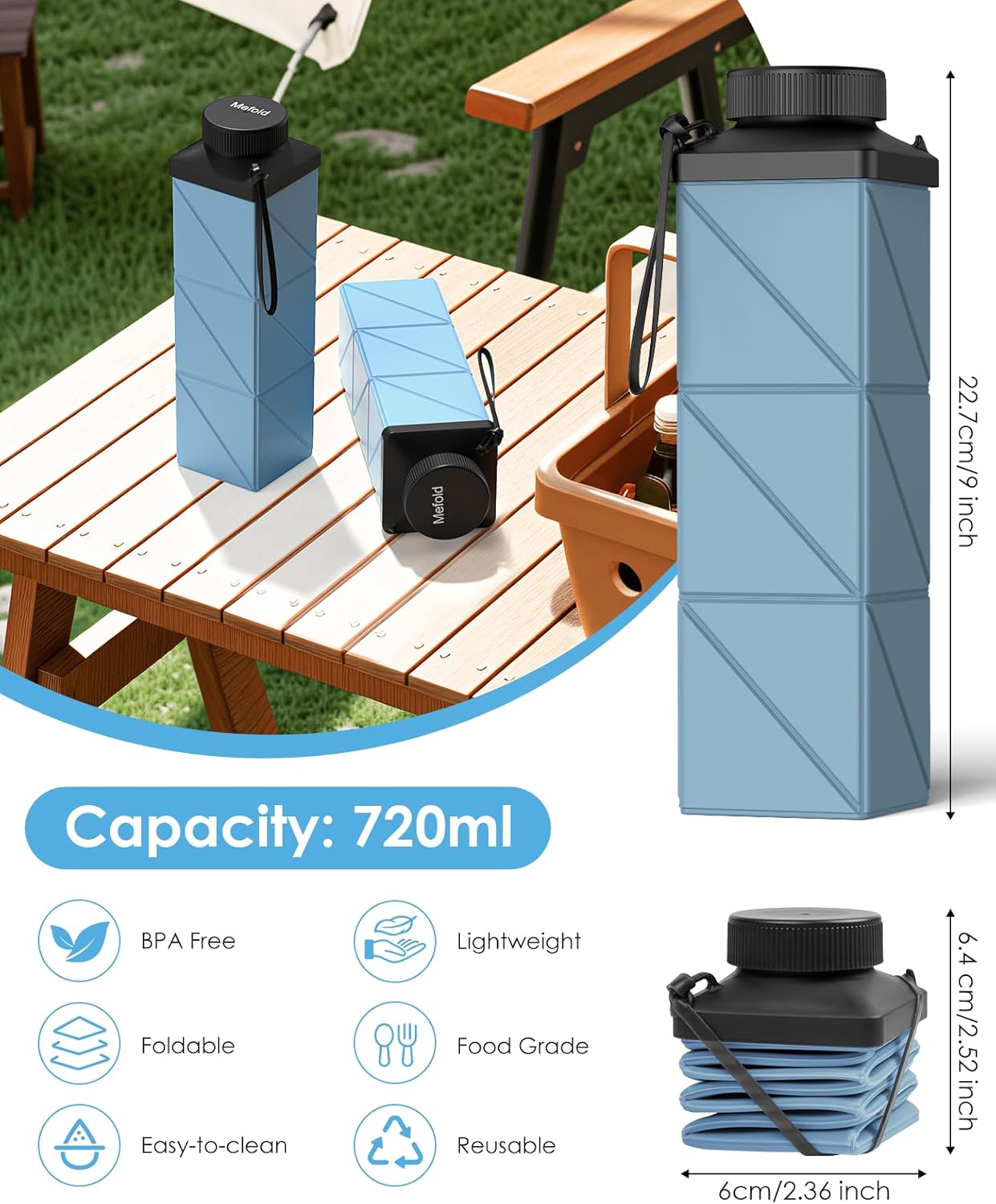Collapsible Water Bottles, 2nd Generation Leakproof BPA-Free Travel Water Bottle 24.3oz(720ml),Lightweight Reusable Water bottle, Portable for Travel Cycling Gym Camping Sports,Blue