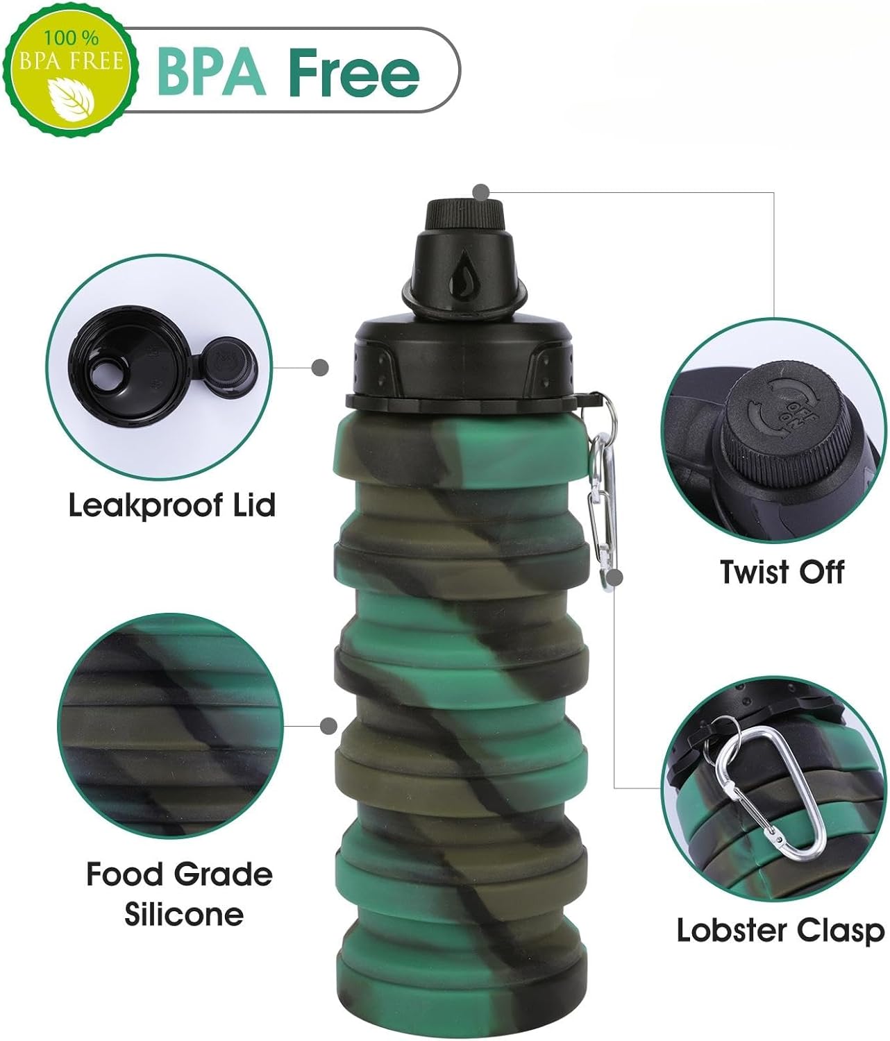 Collapsible Water Bottle for Adults, Boys, Students, Kids, Reusable Silicone Foldable Water Bottles for Travel Camping Hiking, Portable Sports Water Bottle, Camouflage