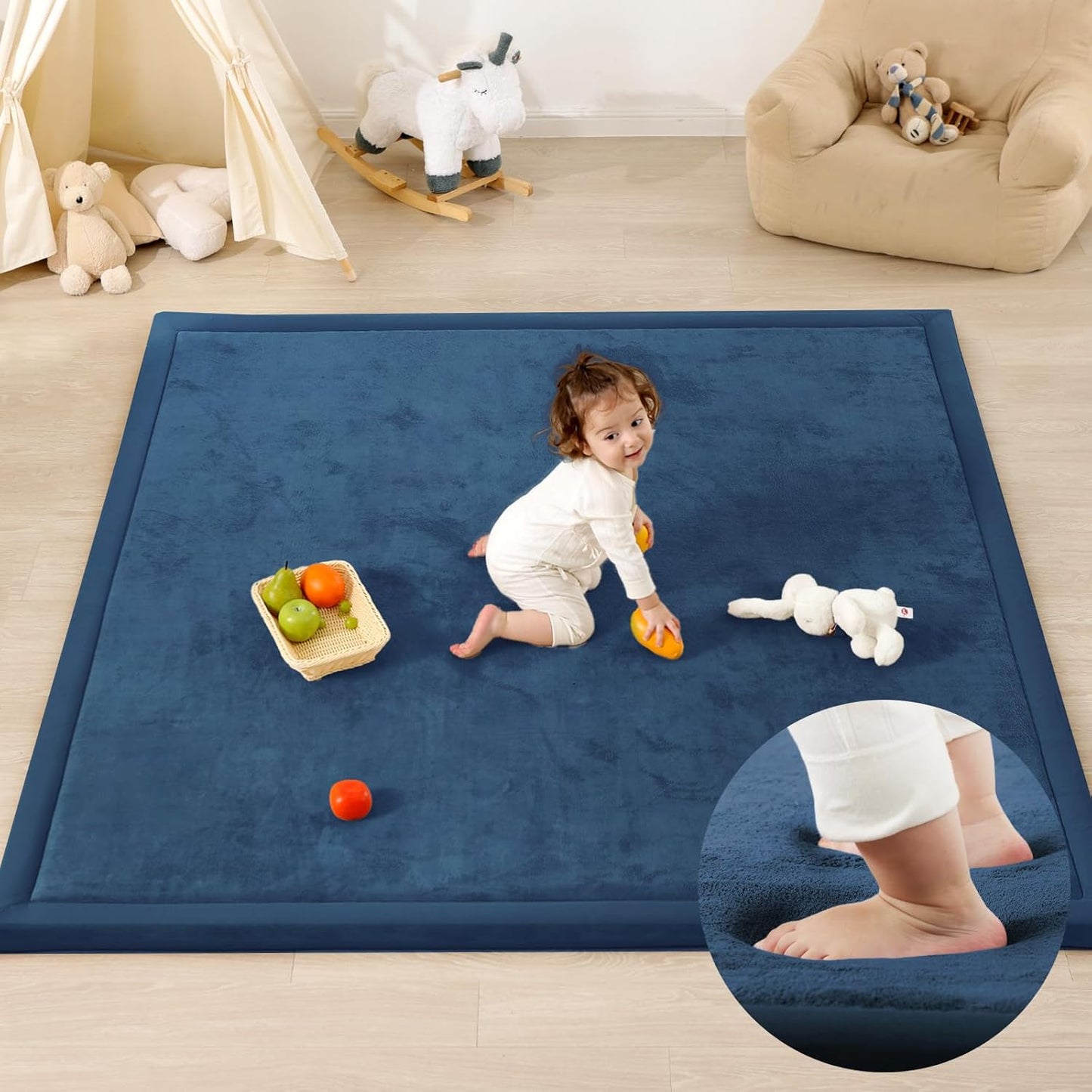 1.3" Thick Baby Play Mat,Ultra Soft Elasti-Foam 50×50 Playpen Mat for Tummy Time,Water-Repellent Coral Fleece Nursery Rug for Infants,Toddlers,Kids,Non-Slip Safe for Crawling(Royal Blue)