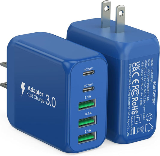 (2-Pack) 50W USB C Wall Charger Block, 5-Port C Charger Fast Charging Block PD Power Adapter +QC 3.0 Multiport Type C Box Brick Cube USB A Wall Plug for iPhone 16/15/14 Pro Max,Samsung (Dark Blue)
