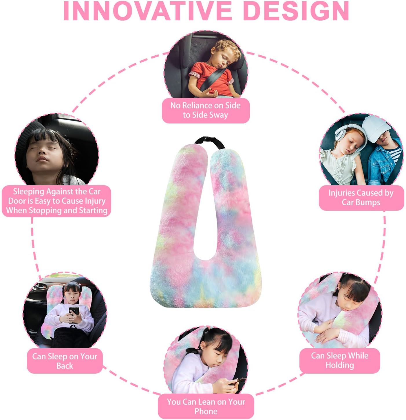 Travel Pillow, Travel Pillow for Kids, Sleeper Hold Pillow Travel, Removable U-Shaped Pillow for Adults and Children to Support Head and Body in The Back Seat of Long Car Trips (DCPink)