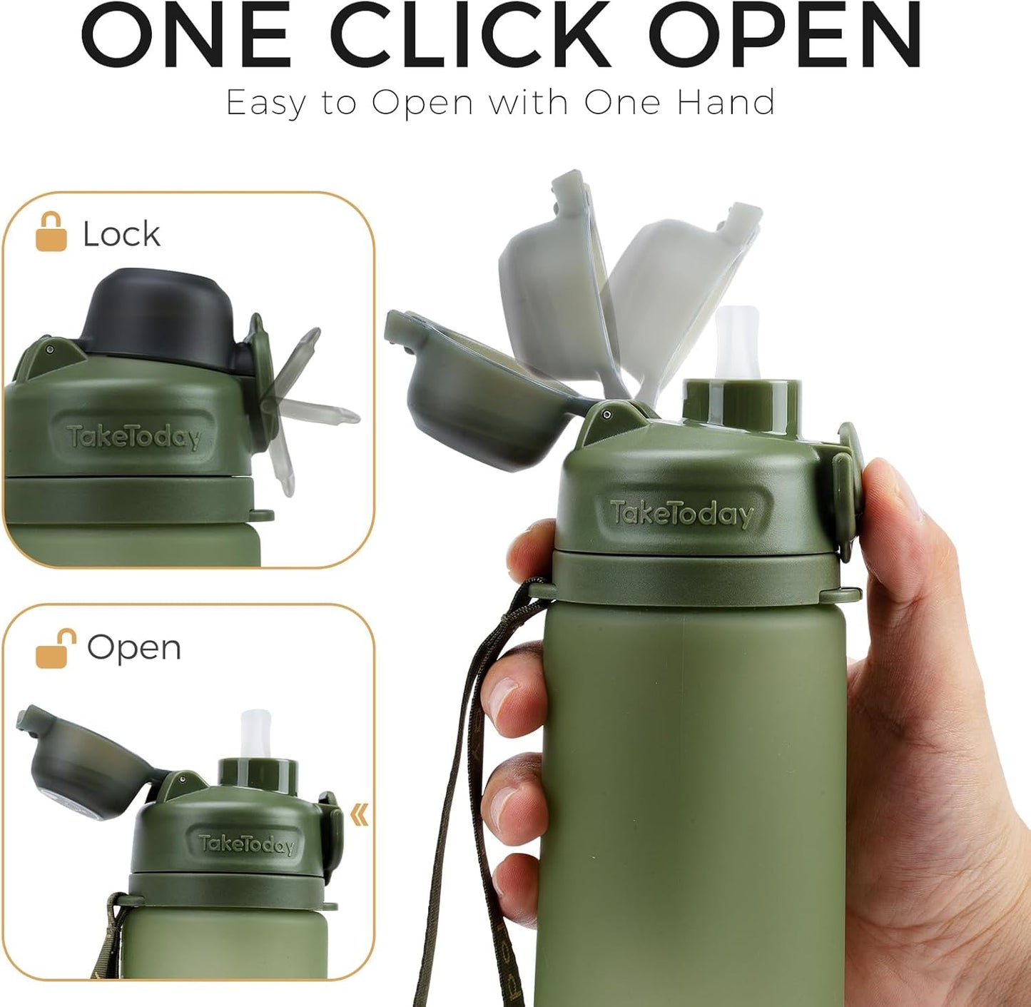 TakeToday Collapsible Water Bottles 20oz, Leak Proof, BPA-Free, Foldable Silicone Travel Water Bottle with Straw Strap for Cycling, Hiking, Outdoors