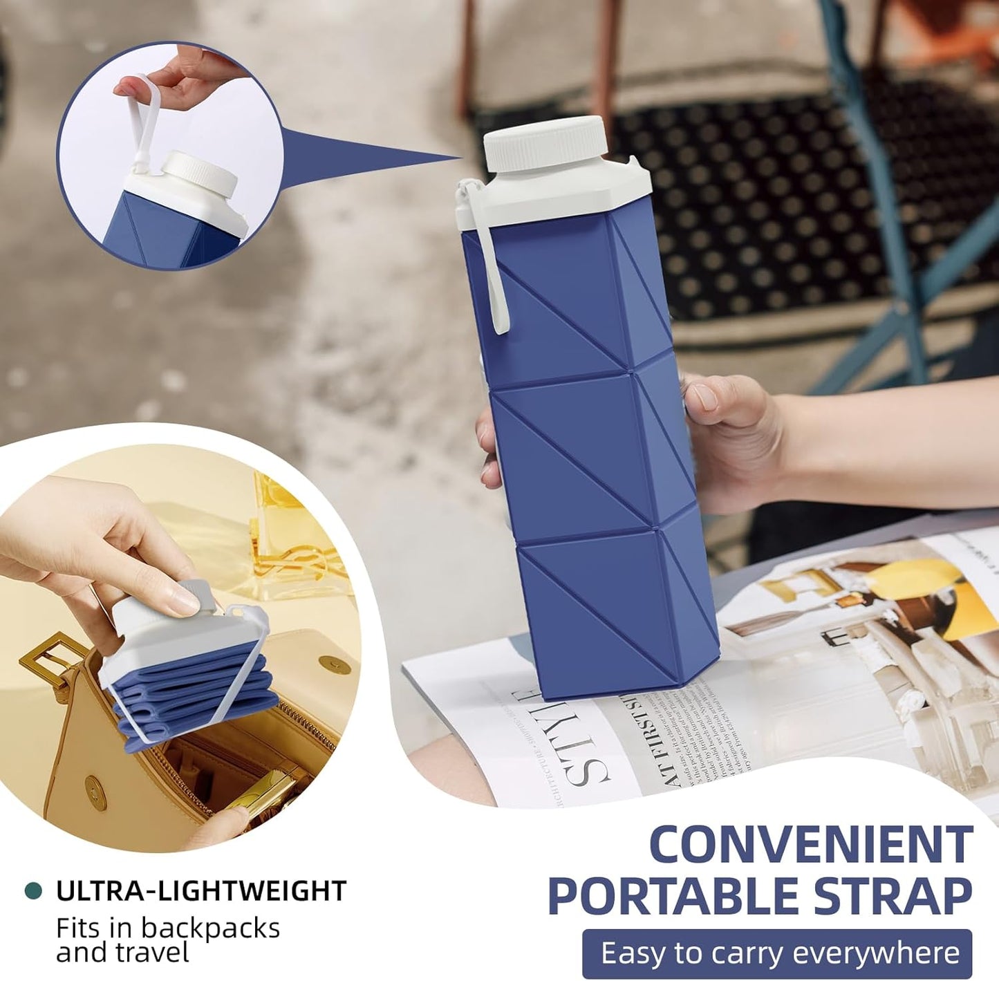 24oz Collapsible Water Bottles,Foodgrade BPA Free Reusable Foldable Water Bottle Lightweight LeakProof for Travel Hiking Camping Cycling Gym Sports,Collapses Folding Water Bottle,Dark Blue