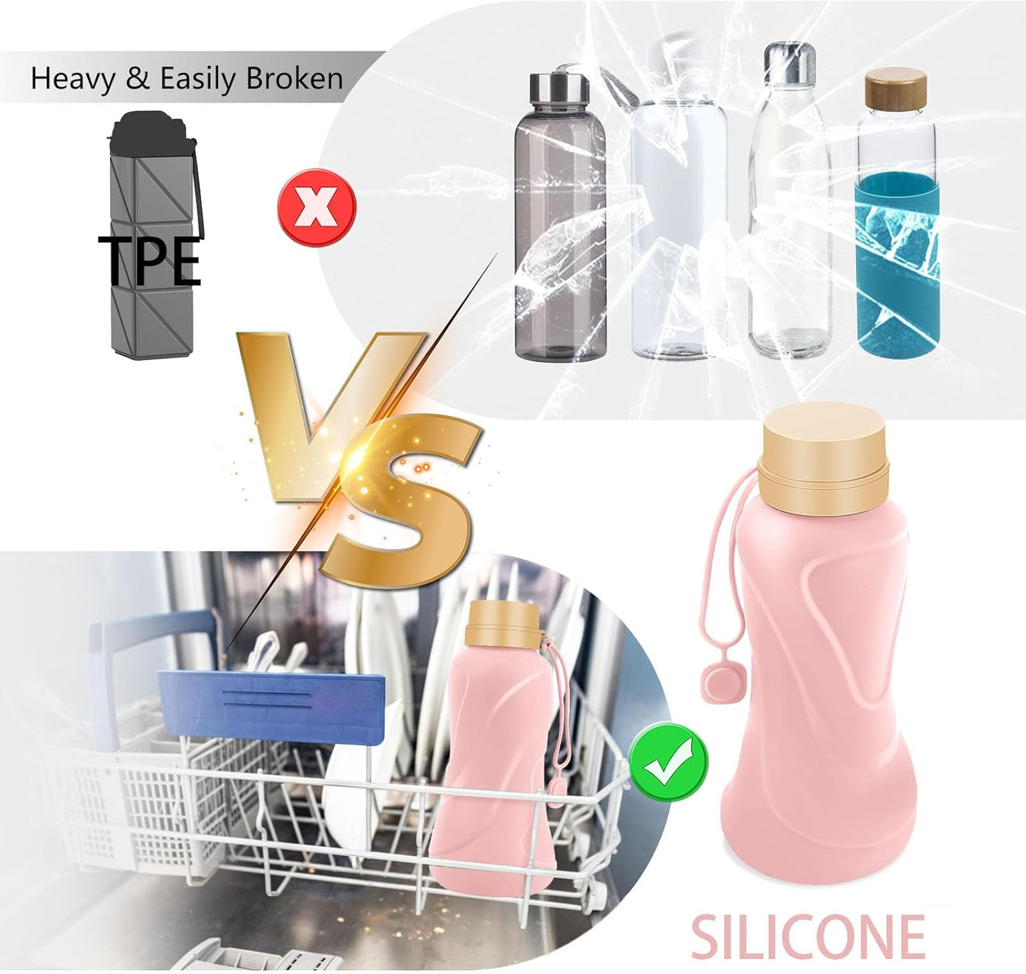 Collapsible Water Bottles 2 Pack,Leak Proof,Reuseable BPA Free Silicone Foldable Water Bottles,Durable Lightweight for Travel Gym Camping Hiking,Compact Size Portable Sports Water Bottle (Black&Pink)