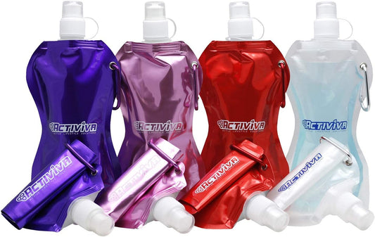 USA Merchant | Collapsible Reusable Water Bottle with Carabiner Clip Light Weight Leak Proof Foldable Drinking Water Bottle Non Toxic BPA Free - 16.9 oz 4 Pack (Pink, Purple, Red, Clear)