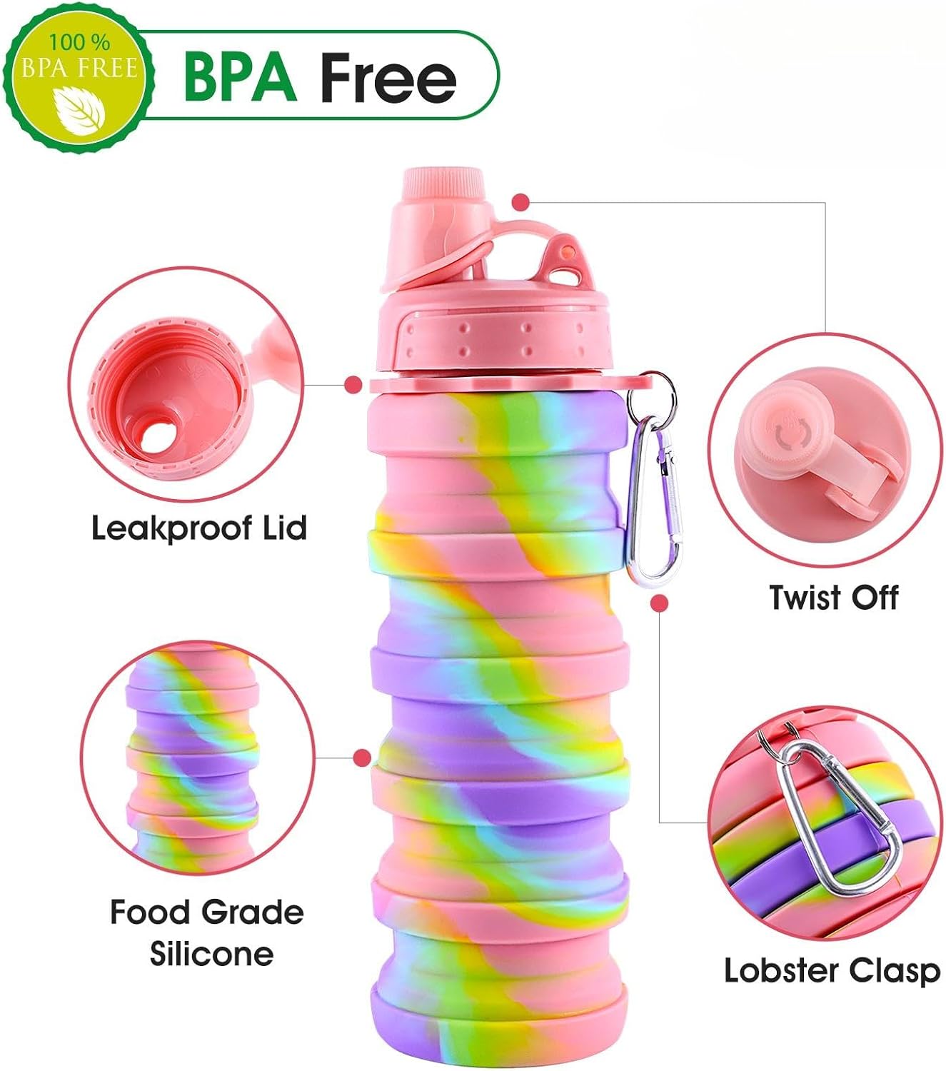 Collapsible Water Bottles for Travel, Foldable Sports Water Bottle for Kids, Reusable Water-proof Silicone Water Bottles with mountaineering Buckle for Camping Hiking Holiday