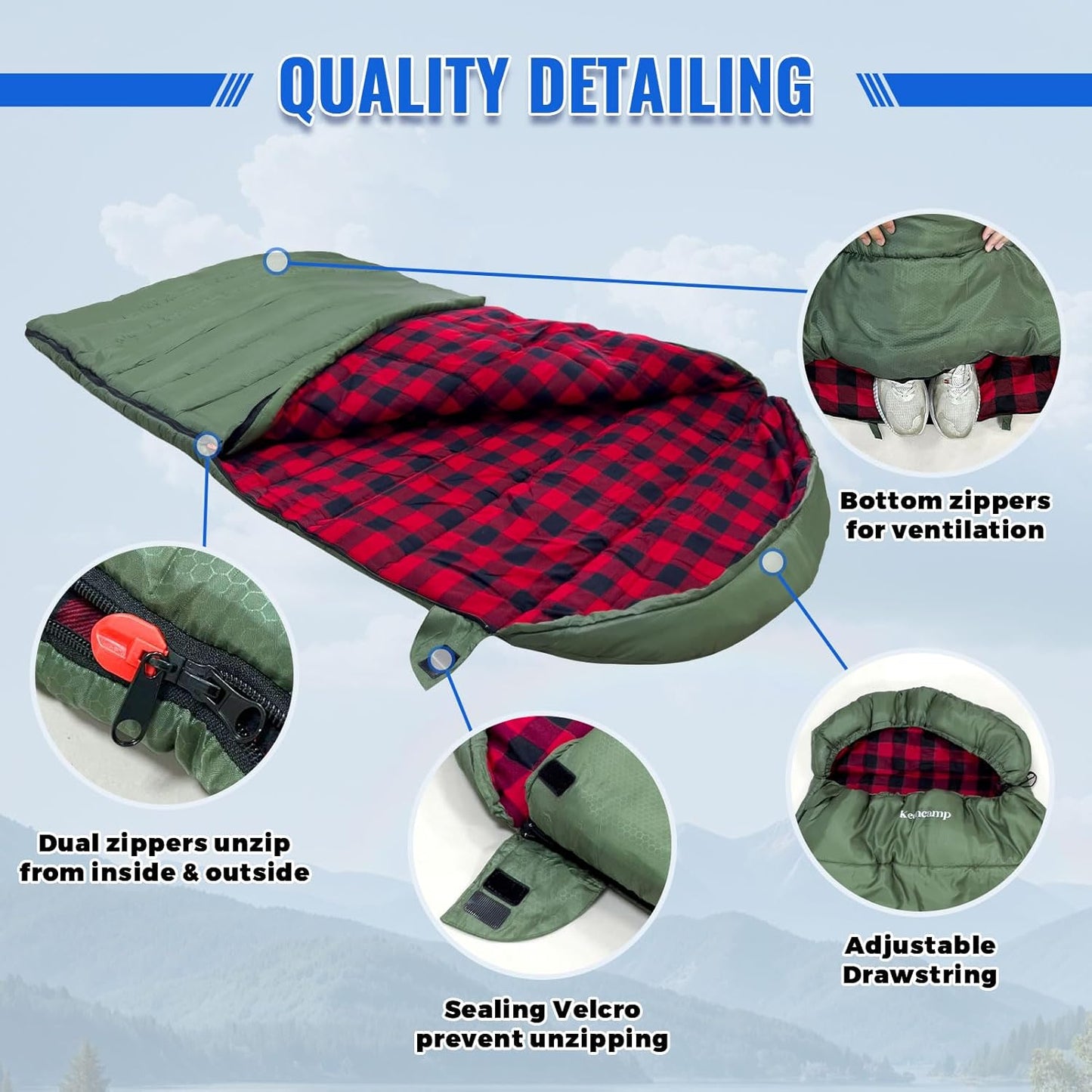 0 Degree Sleeping Bag Cotton Flannel Winter Cold Weather for Adults XXL Sleeping Bag 4 Season Big and Tall with Pillow Compression Sack