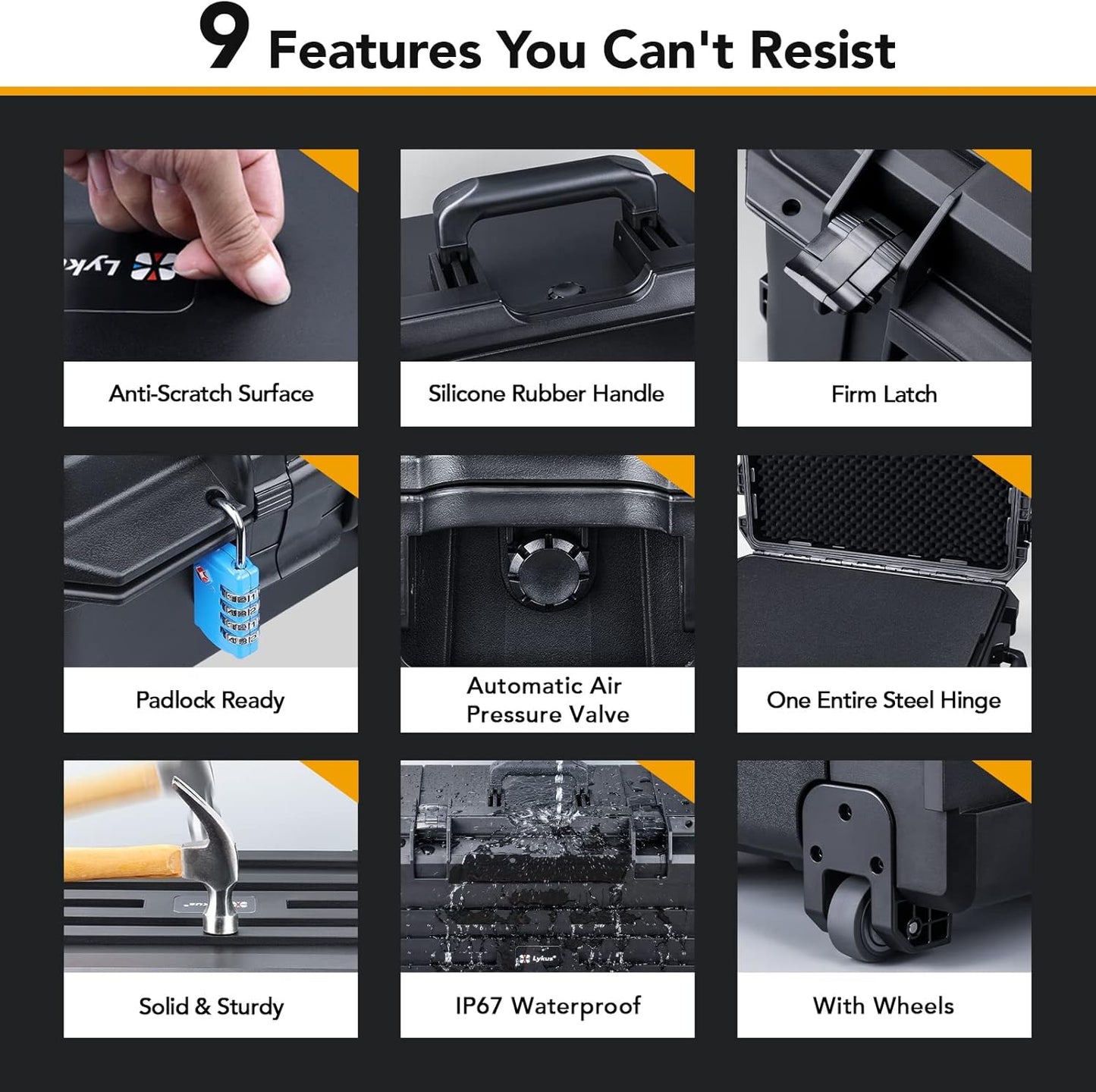 Lykus HC-7240 Large Waterproof Hard Case with Wheels and Customizable Foam, Interior Size 28.3x21.6x15.6 inch, Suitable for cameras, lenses, electronic equipment and more