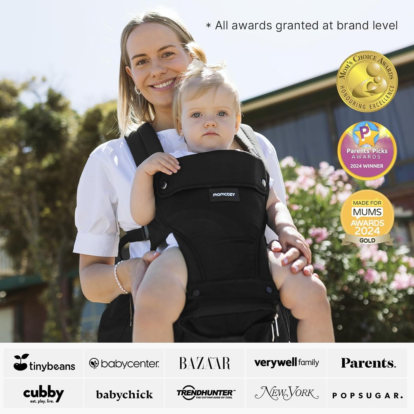 Momcozy Baby Carrier with Hip Seat, 2-in-1 Forward-Facing Carry for Active Babies, Detachable Hands-Free Infant Carrier up to 44lbs, All Seasons Toddler Carrier Fits Waist Sizes up to 45 Inches, Black