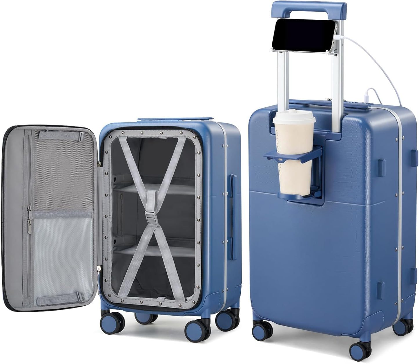 Hanke 28 Inch Luggage with Cup Holder and Charge,Top Opening Hard Shell Suitcases with Wheels and Dividers,Aluminum Frame Trunk Luggage Extra Large Suitcase with Lock for Travel,Interstellar Blue