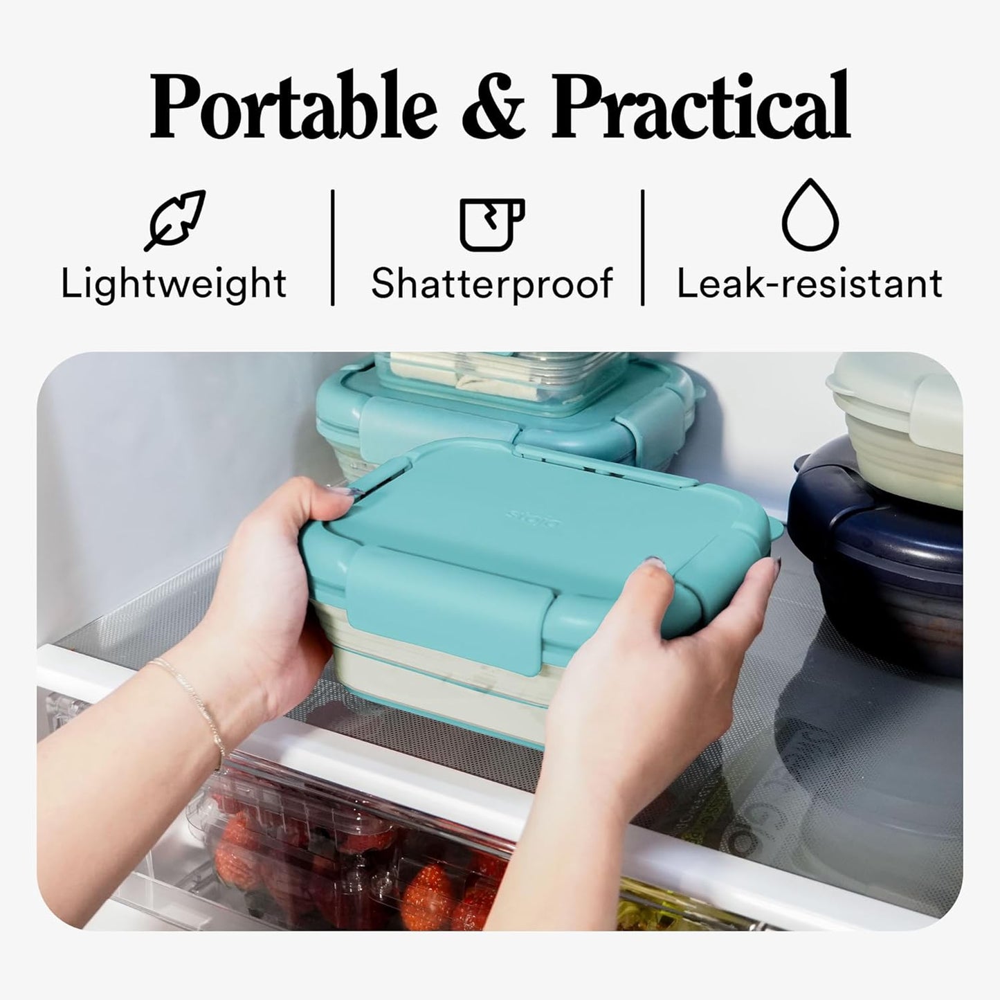 STOJO Collapsible Bento Box, Reusable, Leak-Proof, Microwave & Dishwasher Safe, Premium Lunch Container with Divider – Space-Saving, Transparent Design (Eucalyptus, 2.75-Cup/650mL)