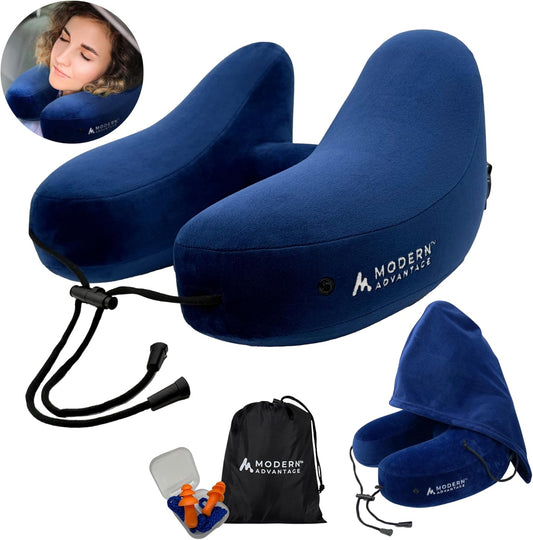 Modern Advantage Inflatable Travel Pillow for Airplanes – Hooded Neck Pillow with Adjustable Support – Comfortable, Compact & Travel-Friendly – Perfect for Sleeping on Long Flights (Blue)