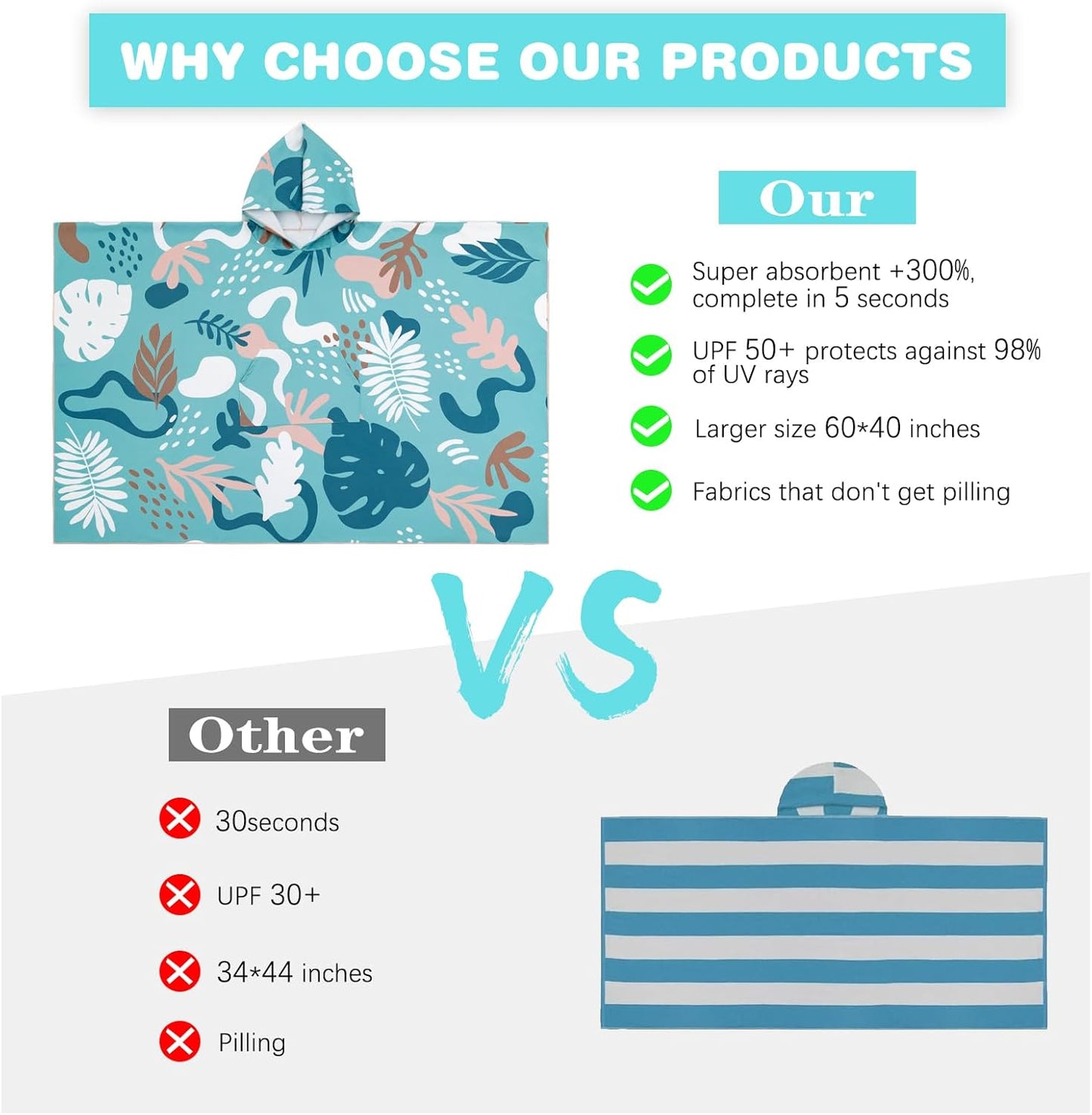 PY SUPER MODE Beach Hooded Towel Oversized - 60 x 40 inches Quick Dry Microfiber Beach Towels, Lightweight Soft and Absorbent Pool Towel Suitable for Bath Swimming Camping for Adults