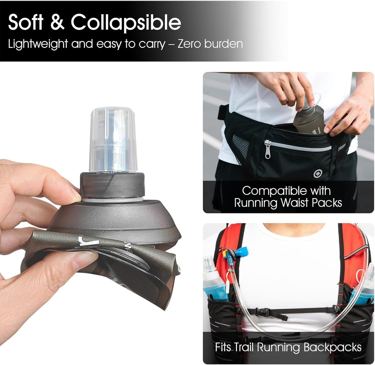 GYGYL Soft Flask, TPU Collapsible Soft Water Bottle for Hydration Pack, Running Vest, Leak-Proof Folding Water Bottle for Hiking Cycling Climbing Jogging-250ml Grey, 2pcs