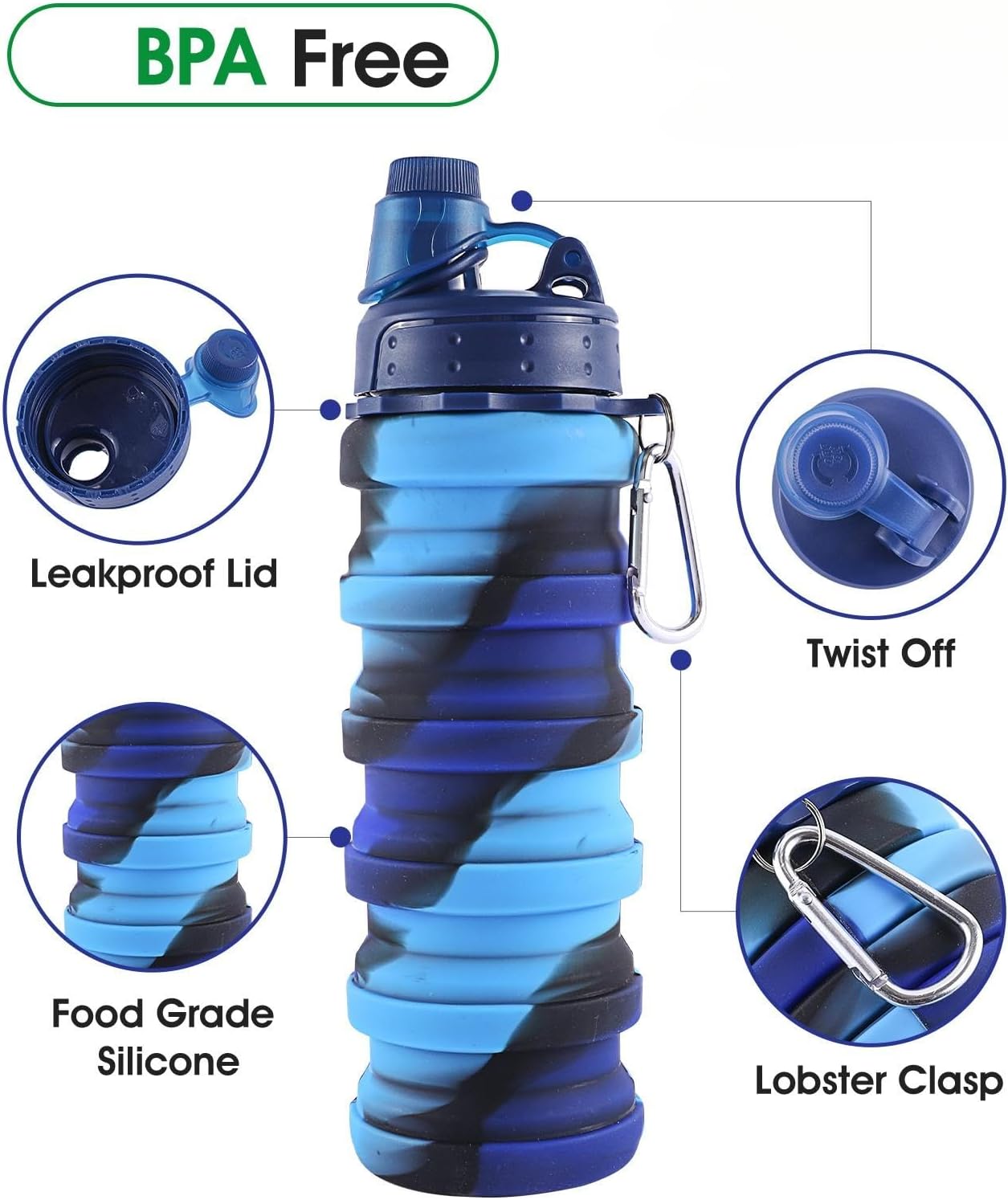 Collapsible Water Bottles for Travel, Foldable Sports Water Bottle for Kids, Reusable Water-proof Silicone Water Bottles with mountaineering Buckle for Camping Hiking Holiday