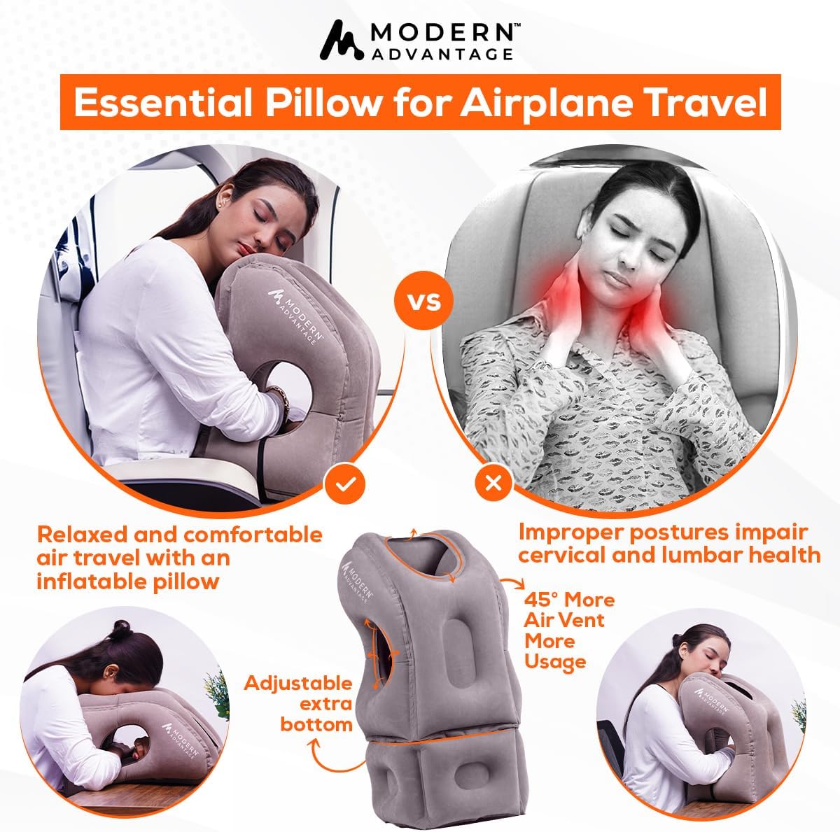 Modern Advantage Inflatable Travel Pillow for Airplanes with Adjustable Extra Bottom, Support Head & Chin to Avoid Neck & Shoulder Pain, for Travelling, Office Napping with Eye Mask & Earplug (Grey)