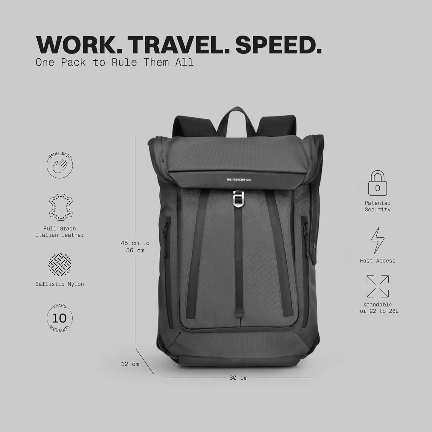 The Frenchie Co. - Work/Travel Speed Backpack - Expandable 23 to 30 liters - Anti-theft magnetic closure - Ballistic nylon with padded laptop compartment and minimalist professional design