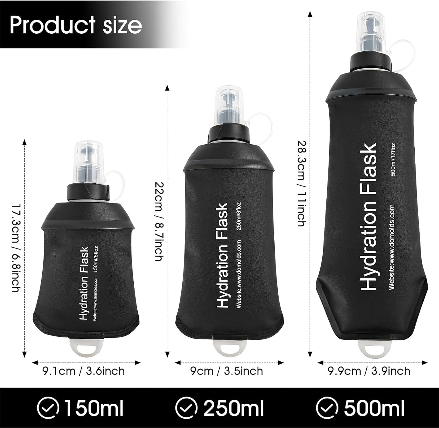 GYGYL Soft Flask, TPU Collapsible Soft Water Bottle for Hydration Pack, Running Vest, Leak-Proof Folding Water Bottle for Hiking Cycling Climbing Jogging-500ml Black, 2pcs