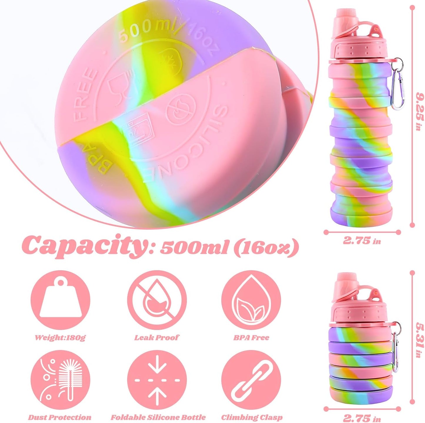 Collapsible Water Bottle for Adults, Boys, Students, Kids, Reusable Silicone Foldable Water Bottles for Travel Camping Hiking Sports,Leak-Proof Portable Sports Water Bottle (Pink & Camouflage)