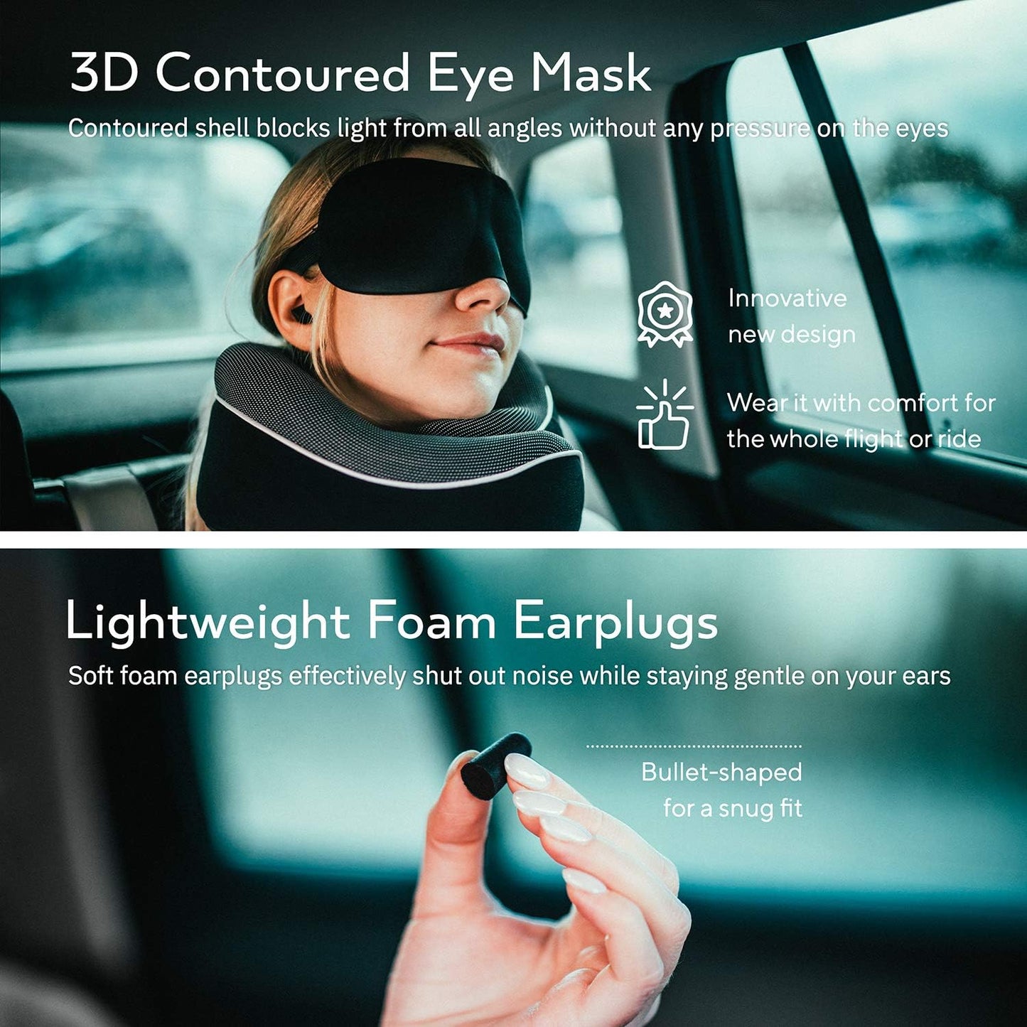 Orthopedic Neck Pillow, Travel Neck Pillows for Airplanes, Memory Foam Kit, 360° Head Support, Airplane Pillow Set with 3D Contoured Eye Masks, Earplugs, and Luxury Mesh Bag (Black)