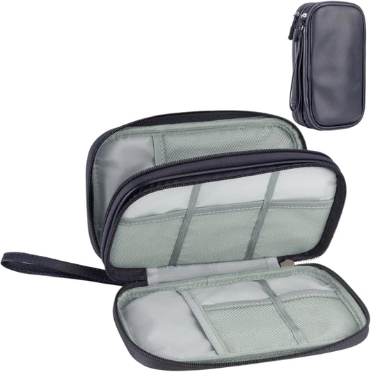 Leather Travel Electronic Organizer - Double Layer, Waterproof Case for Cables, Chargers, Phones & More - Portable, Shockproof Pouch for All Your Electronics Accessories (Dark Blue, M)