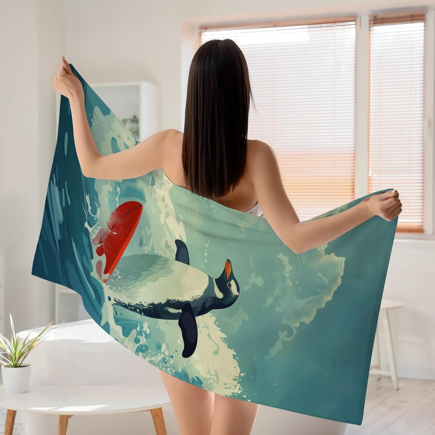 WZOMT Microfiber Penguin Beach Towel Oversized, Cute Penguin Surfing Ocean Animal Blue Bath Towels for Adults Kids, Soft Quick Dry Absorbent Sandproof Travel Swim Pool Towels 32x52 Inch