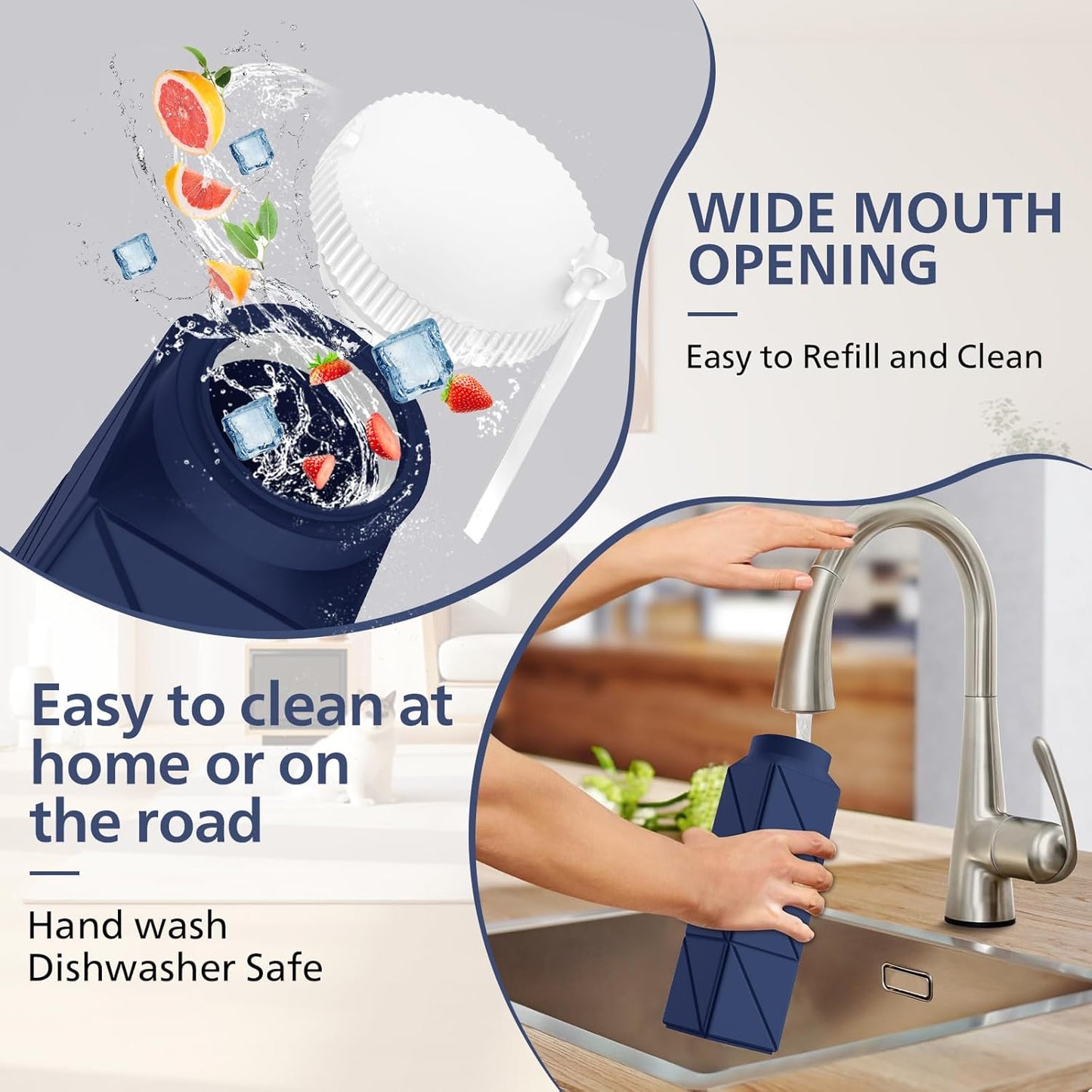 610ml Collapsible Water Bottles Upgrade Foldable Water Bottle BPA Free Reusable Lightweight LeakProof Silicone Water Bottles 20.6oz for Travel Hiking Office Camping Outdoor Sport Dark Blue