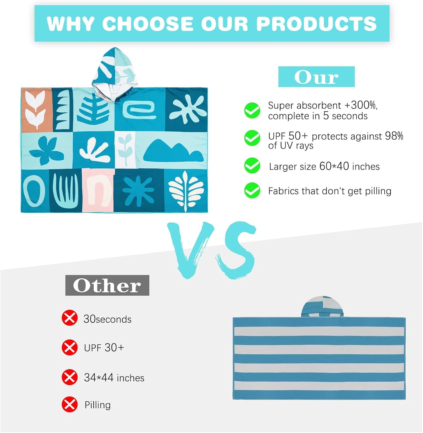 PY SUPER MODE Beach Hooded Towel Oversized - 60 x 40 inches Quick Dry Microfiber Beach Towels, Lightweight Soft and Absorbent Pool Towel Suitable for Bath Swimming Camping for Adults