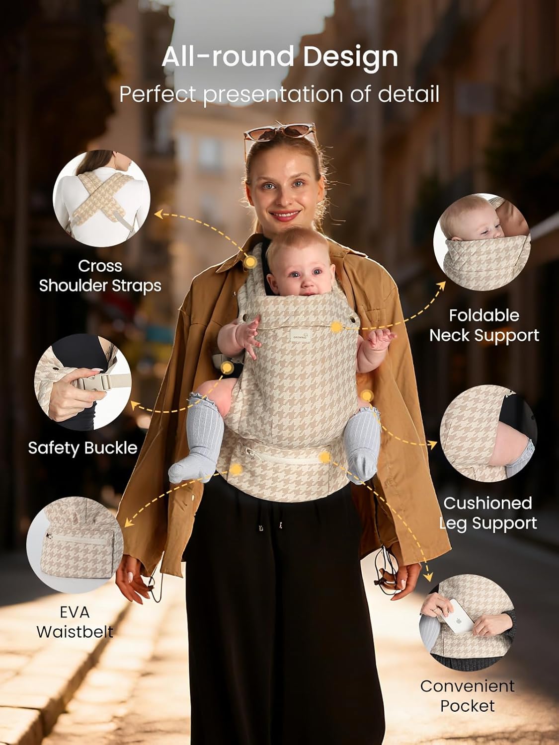 GROWNSY Baby Carrier Newborn to Toddler, Ergonomic Baby Toddler Carrier Wraps with Head Support, Easy to Wear, Infant Carrier Baby Gift, Travel and Hiking Friendly,for 7 to 44 lb (Houndstooth Beige)