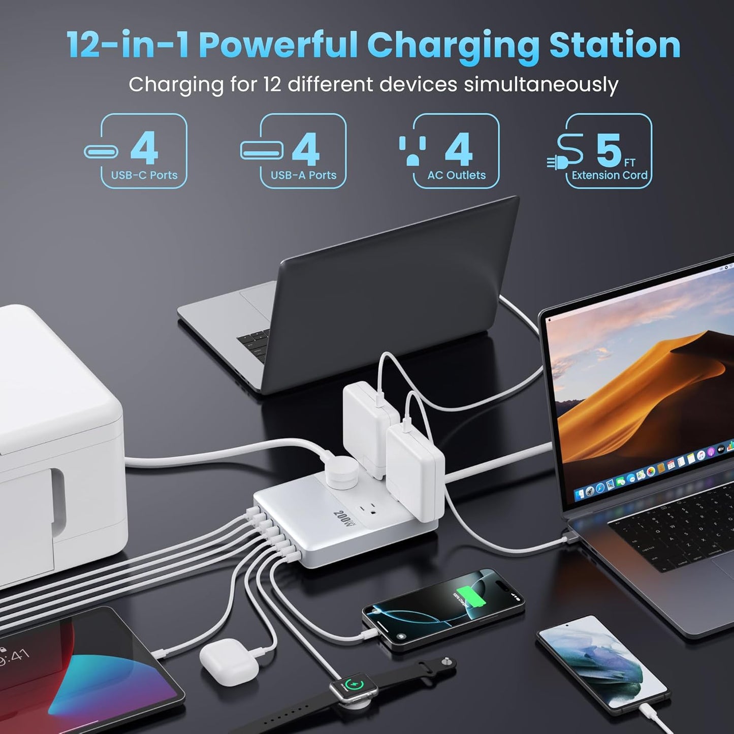 12-in-1 Charging Station USB C Power Strip with 5ft Cord,200W GaN IV USB C Charger Block,4 AC Outlets,4 USB-A,4 USB-C for MacBook,iPhone 16/15/14,Fast Charging Desktop Charger for Office (A-White)